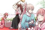  2girls brown_hair eating fire_emblem fire_emblem_if food hinoka_(fire_emblem_if) japanese_clothes kimono long_hair looking_at_viewer mochi multiple_boys multiple_girls red_hair ryouma_(fire_emblem_if) sakura_(fire_emblem_if) short_hair smile spiked_hair takumi_(fire_emblem_if) wagashi white_hair yoneko 