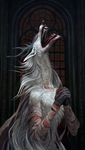  anthro antlers atenebris beast_(bloodborne) black_nose blood canine clasped_hands claws covered_eyes fangs female fur head_up horn mammal monster nude open_mouth snow solo vicar_amelia white_fur window wrappings 