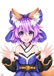  :d animal_ears bare_shoulders blue_bow bow cosplay d-pad d-pad_hair_ornament detached_collar detached_sleeves fate_(series) fox_ears fox_tail hair_bow hair_ornament hands_up japanese_clothes kimono neptune_(choujigen_game_neptune) neptune_(series) open_mouth purerin purple_eyes purple_hair short_hair simple_background smile solo tail tamamo_(fate)_(all) tamamo_no_mae_(fate) tamamo_no_mae_(fate)_(cosplay) upper_teeth white_background wide_sleeves 