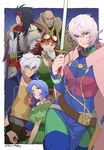  black_hair blue_eyes breasts brown_hair commentary_request eyepatch gloves indesign jacket_on_shoulders jewelry katrina_(romancing_saga) long_coat long_hair medium_breasts multiple_boys multiple_girls necklace open_mouth partial_commentary pendant romancing_saga_3 saga scarf short_hair 