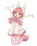  animal_ear_fluff animal_ears animal_hood arms_up bangs blush bow dress eyebrows_visible_through_hair fox_ears fox_girl fox_tail full_body hood hood_up jumping knees_together_feet_apart looking_at_viewer no_shoes open_mouth original pink_hair puffy_short_sleeves puffy_sleeves red_eyes sasaame short_sleeves simple_background solo striped striped_legwear tail thighhighs white_background 
