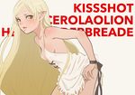  bare_shoulders blonde_hair blush commentary_request dress fangs kiss-shot_acerola-orion_heart-under-blade kizumonogatari long_hair monogatari_(series) nekoi_mie panties panty_pull pointy_ears solo strapless strapless_dress teenage underwear very_long_hair yellow_eyes 