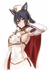  animal_ears arm_up armor armpits black_hair breasts cape closed_mouth detached_sleeves double-breasted erune garrison_cap granblue_fantasy hair_between_eyes hand_in_hair hat highres ilsa_(granblue_fantasy) long_hair long_sleeves looking_at_viewer medium_breasts midriff military military_uniform no_bra pak_ce pauldrons red_cape red_eyes serious shoulder_armor sideboob simple_background sketch solo tsurime uniform upper_body white_background white_hat 