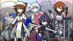  ;) akatsuki_(kantai_collection) archery armor armored_boots armored_dress arrow artist_name bangs belt belt_buckle black_gloves blade blue_eyes boots bow_(weapon) breastplate broadsword brown_belt brown_footwear brown_hair buckle cape character_name closed_mouth commentary_request cross-laced_footwear dungeons_and_dragons emblem eyebrows_visible_through_hair eyepatch fingerless_gloves folded_ponytail fur-trimmed_boots fur_trim gauntlets gem gloves grey_footwear grey_hat grey_legwear hair_between_eyes hair_ornament hairclip hat hat_feather hibiki_(kantai_collection) highres holding holding_bow_(weapon) holding_shield holding_staff holding_sword holding_weapon ikazuchi_(kantai_collection) inazuma_(kantai_collection) kantai_collection knight lace-up_boots long_hair looking_at_viewer mini_hat multiple_girls one_eye_closed one_knee open_mouth paladin pantyhose parted_lips purple_eyes purple_hair quiver raythalosm robe shield short_hair shoulder_armor silver_hair skirt smile sparkle staff sword thigh_boots thighhighs twitter_username v-shaped_eyebrows very_long_hair wavy_mouth weapon yellow_eyes 