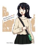  2017 :d alternate_costume any_(lucky_denver_mint) arm_at_side autumn bag bangs black_skirt blue_eyes blue_hair blush casual cityscape collarbone dated english hair_ornament hairclip kantai_collection long_hair long_sleeves looking_to_the_side open_mouth pleated_skirt shoulder_bag skirt smile solo souryuu_(kantai_collection) striped sweater tareme twitter_username vertical_stripes yellow_sweater 