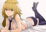  :| bangs bed_sheet black_legwear black_neckwear blonde_hair breasts closed_mouth collared_shirt commentary_request fate/apocrypha fate_(series) feet_up jeanne_d'arc_(fate) jeanne_d'arc_(fate)_(all) large_breasts long_hair looking_at_viewer lying necktie nekoi_mie no_bra no_shoes on_stomach open_clothes open_shirt purple_eyes shirt shorts sideboob sleeveless sleeveless_shirt solo thighhighs wristband 