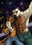  2018 abs alcohol bear beer beverage biceps blush canine clothed clothing digital_drawing_(artwork) digital_media_(artwork) duo fireworks holidays hyena looking_at_viewer male male/male mammal muscular muscular_male open_mouth outside pecs sevenarms smile standing topless 