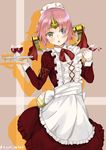  absurdres apron blue_eyes blush fate/apocrypha fate_(series) frankenstein's_monster_(fate) frilled_apron frilled_skirt frills heroic_spirit_formal_dress heterochromia highres holding horn looking_at_viewer maid neck_ribbon nyoon open_mouth pink_hair red_ribbon red_shirt red_skirt ribbon shirt short_hair signature skirt solo standing white_apron yellow_eyes 