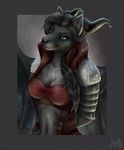  2017 anthro black_fur black_hair black_nose blue_eyes bra canine clothed clothing dragon female fully_clothed fur hair hands_behind_back hettie horn hybrid jacket looking_aside mammal simple_background solo standing underwear wolf 