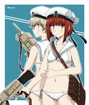  absurdres any_(lucky_denver_mint) bag bangs beret bikini blonde_hair blue_background blue_eyes buckle closed_mouth collarbone cowboy_shot flat_chest gun hat highres holding holding_weapon kantai_collection multicolored multicolored_eyes multiple_girls navel orange_eyes outline profile red_hair sailor_bikini sailor_collar serious short_hair shoulder_bag sidelocks smile standing stomach swimsuit trigger_discipline twitter_username two-tone_background v-shaped_eyebrows weapon white_bikini white_hat white_outline yellow_eyes z1_leberecht_maass_(kantai_collection) z3_max_schultz_(kantai_collection) 