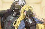  bangs black_cape black_gloves black_hair black_jacket blonde_hair blurry blurry_background blush cape commentary_request cup depth_of_field drinking drunk eyebrows_visible_through_hair gloves grey_hair hair_between_eyes highres holding jacket long_hair long_sleeves looking_at_another lyza made_in_abyss mi_(pic52pic) mug multiple_girls ozen short_hair sweatdrop upper_body whistle 