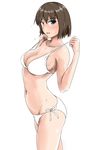  arched_back bad_id bad_pixiv_id bikini blue_eyes blush breasts brown_eyes brown_hair cleavage cowboy_shot dosaken flying_sweatdrops from_side hair_ornament kantai_collection looking_at_viewer looking_to_the_side maya_(kantai_collection) medium_breasts navel open_mouth pulled_by_self ribbon shiny shiny_hair short_hair side-tie_bikini simple_background solo standing stomach strap_pull sweat swimsuit thighs undressing white_background white_ribbon x_hair_ornament 