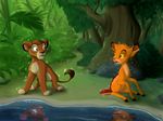  alternate_species bambi bambi_(film) branch brown_eyes brown_fur cervine deer detailed_background disney duo eye_contact feline feral forest fur hooves jungle leaves lion magic male mammal orange_fur outside pond post_transformation red_eyes reflection shocked simba sirzi sitting sparkles standing surprise the_lion_king tree tufted)tail water yellow_sclera 