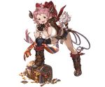  &gt;:) blue_eyes blush boots breasts cleavage cowboy_hat draph fingerless_gloves frills front-tie_top full_body gem gloves gold granblue_fantasy hand_on_hip hand_on_own_chin hat horns jewelry karva_(granblue_fantasy) knee_boots large_breasts leaning_forward looking_at_viewer midriff minaba_hideo necklace official_art open_mouth pink_hair pointy_ears short_hair shorts single_thighhigh smile solo striped thighhighs transparent_background treasure treasure_chest v-shaped_eyebrows vertical_stripes weapon whip 