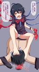  1boy 1girl ahoge barefoot clothed_female_nude_male feet holding_shoes houjuu_nue open_mouth pantyshot red_eyes shoes_removed short_hair single_shoe sitting_on_person smell smelling socks_removed steam toes touhou translated 
