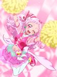  ;d abstract_background arms_up back_bow bow cure_yell double_bun flower hair_flower hair_ornament hair_ribbon heart heart_hair_ornament holding hugtto!_precure layered_skirt long_hair looking_at_viewer magical_girl navel nono_hana one_eye_closed open_mouth pink pink_background pink_eyes pink_footwear pink_hair pink_shirt pink_skirt pom_poms precure red_ribbon ribbon see-through shirt shoes skirt sleeveless sleeveless_shirt smile solo thighhighs tj-type1 white_legwear zettai_ryouiki 