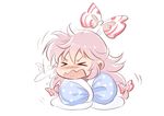  &gt;_&lt; blanket blush bow bow_removed chibi commentary cover fujiwara_no_mokou hair_bow hair_ribbon long_hair motion_lines open_mouth pink_hair ribbon shangguan_feiying simple_background sneezing snot solo touhou tress_ribbon wavy_mouth white_background 