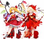  :d alternate_costume ascot bare_arms bare_legs barefoot blonde_hair blood blood_splatter bloomers blouse bow chain collage collared_dress commentary crazy crazy_eyes crazy_smile crystal dress eyebrows_visible_through_hair fangs flandre_scarlet frilled_skirt frills full_body hair_bow hair_over_one_eye hair_ribbon half-closed_eye hat hat_bow highres holding holding_weapon koumajou_densetsu laevatein long_hair looking_at_viewer mob_cap no_hat no_headwear open_mouth outstretched_arms puffy_short_sleeves puffy_sleeves red_bow red_dress red_eyes red_skirt red_vest ribbon ringed_eyes short_sleeves side_ponytail simple_background skirt skirt_set smile smirk smug socks standing tk31 touhou underwear upper_teeth vest weapon white_background white_bloomers white_blouse white_legwear wing_collar wings yellow_neckwear 