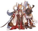  animal_ears blonde_hair braid brown_eyes dog dog_ears dog_tail full_body garjana granblue_fantasy hair_ornament holding holding_weapon japanese_clothes long_sleeves looking_at_viewer minaba_hideo official_art open_mouth pantyhose pelvic_curtain platform_footwear rope sandals sheath shimenawa short_hair smile standing sword tail transparent_background vajra_(granblue_fantasy) weapon wide_sleeves 