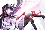  akemi_homura artist_name black_hair black_legwear blush bow christy commentary copyright_name cover cover_page english glasses highres long_hair long_sleeves mahou_shoujo_madoka_magica open_mouth pantyhose purple_eyes red-framed_eyewear ribbon sample skirt solo sparkle translated 