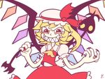  30s ascot bare_arms blonde_hair commentary crystal cuphead_(game) english_commentary evil_eyes evil_grin evil_smile fingernails flandre_scarlet frilled_shirt_collar frilled_sleeves frills grin hands_up hat hat_ribbon holding holding_weapon laevatein looking_at_viewer medium_hair mob_cap nail_polish oldschool parody pointy_ears puffy_short_sleeves puffy_sleeves red_eyes red_nails red_ribbon red_skirt red_vest ribbon sharp_fingernails sharp_teeth short_sleeves side_ponytail simple_background skirt skirt_set smile solo style_parody teeth touhou upper_body vest weapon white_background wings yatsunote yellow_neckwear 