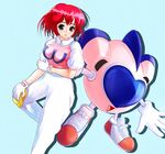  :d :o black_eyes blue_background eru_(kawaeru) gloves hand_on_own_knee highres holding_arm looking_at_viewer open_mouth pants pastel_(twinbee) red_hair shoes smile sneakers twinbee white_gloves white_pants winbee 