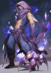  1boy abs artist_request blue_eyes brown_hair clothes full_body gloves league_of_legends looking_at_viewer male_focus malzahar muscle navel pants scarf shoes short_hair 