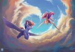  2017 blue_eyes blue_feathers day detailed_background digital_media_(artwork) duo equine feathered_wings feathers feral fluttershy_(mlp) friendship_is_magic fur hair hooves mammal my_little_pony noctilucent-arts outside pegasus pink_hair rainbow_dash_(mlp) red_eyes sky smile wings yellow_feathers yellow_fur 