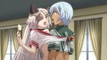  2girls aldra_(queen&#039;s_blade) blush breasts brown_eyes irma multiple_girls nipples no_bra queen&#039;s_blade red_eyes school_uniform white_hair 