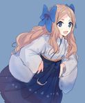  :d anchor asakaze_(kantai_collection) bangs blue_background blue_bow blue_eyes blue_hakama blue_kimono bow commentary eyebrows_visible_through_hair furisode hair_bow hakama hands_on_hips japanese_clothes kantai_collection kimono light_brown_hair long_hair long_sleeves looking_at_viewer meiji_schoolgirl_uniform open_mouth parted_bangs short_kimono sidelocks simple_background smile solo very_long_hair wavy_hair wide_sleeves zp_hn02 