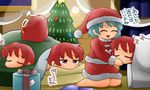  ^_^ barefoot blue_hair box christmas christmas_tree clock closed_eyes commentary_request disembodied_head futon gift gift_box hat indoors kneeling looking_at_another multiple_girls night nose_bubble open_mouth pillow red_eyes red_hair sack santa_costume santa_hat sekibanki short_hair sleeping smile star tatara_kogasa touhou translation_request under_covers window yukimuro zzz 