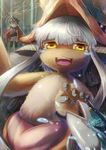  :3 :d absurdres animal_ears arm_up bangs blunt_bangs cape commentary_request ears_through_headwear fish fishing_line fur furry hat helmet highres horizontal_pupils horned_helmet horns long_hair looking_at_viewer made_in_abyss nanachi_(made_in_abyss) open_mouth paws puffy_pants regu_(made_in_abyss) ria_(efikrisia) silver_hair smile topless yellow_eyes 