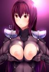  :&lt; armor backlighting bangs bodysuit breast_squeeze breasts closed_mouth eyebrows_visible_through_hair fate/grand_order fate_(series) fume gradient gradient_background lactation large_breasts long_hair looking_away looking_to_the_side nipples orange_eyes pauldrons purple_background purple_bodysuit purple_hair scathach_(fate)_(all) scathach_(fate/grand_order) shoulder_armor solo straight_hair taguchi_takahiro torn_bodysuit torn_clothes upper_body very_long_hair 