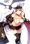  azur_lane bare_shoulders bikini_top bird black_legwear blush boots breasts chinese cleavage collarbone detached_sleeves enterprise_(azur_lane) eyebrows_visible_through_hair hard_translated hard_translated_(non-english) hat highres jacket knee_boots large_breasts long_hair midriff miniskirt navel necktie nipples page_number peaked_cap pleated_skirt purple_eyes scan see-through silver_hair simple_background skirt smile solo thighhighs tomose_shunsaku white_background zettai_ryouiki 