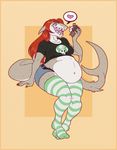 &lt;3 2017 anthro belly big_belly breasts clothed clothing clothing_too_small cute digital_drawing_(artwork) digital_media_(artwork) eating eurykins_(artist) eyelashes eyeshadow female fish food freckles hair hi_res jeans legwear long_hair long_tail makeup marine open_mouth overweight overweight_female pants red_hair shark shirt simple_background smile solo stockings stuffing thick_thighs venus_(nerdshark) weight_gain 