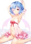  ;&lt; arm_garter armpits arms_up babydoll blue_hair breasts chestnut_mouth cleavage commentary_request highres looking_at_viewer medium_breasts navel no_panties one_eye_closed red_eyes remilia_scarlet simple_background sitting solo tamakinoki touhou wings 