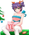  anal_tail between_legs blue_ribbon breasts butt_plug christmas christmas_ornaments christmas_tree collarbone commentary covered_nipples everlasting_summer fake_antlers fake_tail green_eyes hairband hand_between_legs highres huyase large_breasts looking_at_viewer naked_ribbon pillow purple_hair ribbon short_hair simple_background sitting smile solo tail thighhighs two_side_up unyl-chan white_background white_legwear yes yes-no_pillow 