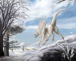  day detailed_background digital_media_(artwork) dragon female feral kodardragon outside scalie sky smile snow solo tree western_dragon white_skin 
