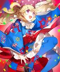  alternate_costume bad_anatomy blonde_hair blue_dress blue_legwear clownpiece dress frills hand_behind_head hat highres jester_cap long_hair looking_at_viewer neck_ruff no-kan open_mouth petticoat purple_eyes red_sash sandals sash sitting sleeves_past_wrists smile solo star star_print thighhighs touhou wide_sleeves zettai_ryouiki 