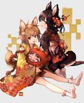  1girl 2018 :3 :d animal_ears black_hair black_kimono brown_eyes brown_hair chinese_zodiac commentary_request daruma_doll dog_ears dog_tail flower hair_flower hair_ornament hairpin highres japanese_clothes kimono lee_hyeseung long_sleeves looking_at_viewer looking_back new_year no_shoes obi open_mouth original sash seiza signature sitting smile socks tail thick_eyebrows white_legwear wide_sleeves year_of_the_dog yellow_kimono 