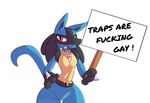  english_text female looking_at_viewer lucario nintendo pok&eacute;mon pok&eacute;mon_(species) red_eyes saintversa sign simple_background solo text video_games white_background wide_hips 