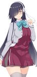  black_hair blush bow bowtie breasts commentary_request cosplay dress grey_legwear hair_over_one_eye hair_ribbon hayashimo_(kantai_collection) kantai_collection kusano_(torisukerabasu) large_breasts long_hair long_sleeves looking_at_viewer naganami_(kantai_collection) naganami_(kantai_collection)_(cosplay) pleated_skirt purple_eyes remodel_(kantai_collection) ribbon school_uniform simple_background skirt smile solo thighhighs very_long_hair white_background 