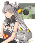  amatsukaze_(kantai_collection) animal_ears cannon cat_ears coffee_cup commentary_request cosplay cup disposable_cup flat_chest getting_over_it grey_hair hair_tubes hat highres kaguya_luna kaguya_luna_(character) kaguya_luna_(character)_(cosplay) kantai_collection light_blush long_hair mini_hat o_o rensouhou-kun retorillo sleeveless turret two_side_up virtual_youtuber white_background yellow_eyes 