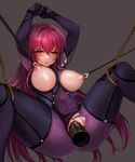  absurdres armor arms_up bangs bdsm blush bodysuit bondage bound bound_legs breasts breasts_outside brown_background clenched_teeth covered_navel dildo fate/grand_order fate_(series) feet_out_of_frame hair_between_eyes highres kibellin large_breasts long_hair nipple_clamps nipples object_insertion parted_lips pauldrons purple_hair pussy red_eyes rope scathach_(fate)_(all) scathach_(fate/grand_order) shoulder_armor simple_background skin_tight solo spread_legs straight_hair teeth tsurime unaligned_breasts uncensored vaginal vaginal_object_insertion 