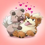  ^_^ ^o^ blush_stickers claws closed_eyes dog fang full_body gen_1_pokemon gen_7_pokemon gradient gradient_background growlithe happy heart lying mameshiba no_humans on_back pink_background pokemon pokemon_(creature) rockruff tongue tongue_out 