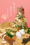  2018 :d animal animal_ears bangs barefoot blush brown_eyes brown_hair chinese_zodiac commentary_request dated dog dog_ears eyebrows_visible_through_hair floral_print flower food fruit green_kimono hair_flower hair_ornament happy_new_year highres holding holding_animal japanese_clothes kimono long_hair long_sleeves mandarin_orange new_year obi one_eye_closed open_mouth original paw_print pink_background puppy red_flower red_rose rose sako_(user_ndpz5754) sash signature sitting smile translation_request wide_sleeves year_of_the_dog 