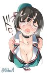  aqua_hat ascot bangs black_hair blush breasts breath choukai_(kantai_collection) cleavage collarbone commentary_request covered_nipples cum cum_on_glasses cum_on_hair ebifurya eyebrows_visible_through_hair facial glasses grey-framed_eyewear hat heart highres kantai_collection long_hair looking_at_viewer medium_breasts mini_hat one_eye_closed open_mouth red_eyes remodel_(kantai_collection) semi-rimless_eyewear simple_background sleeveless solo tongue tongue_out twitter_username under-rim_eyewear upper_body white_background 