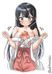  agano_(kantai_collection) bangs bare_shoulders black_hair blue_eyes blush breasts cleavage clenched_hands closed_mouth ebifurya eyebrows_visible_through_hair food fruit highres kantai_collection long_hair mandarin_orange medium_breasts motion_lines off_shoulder oppai_mochi shide simple_background smile solo twitter_username upper_body white_background wide_sleeves 