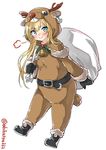  :&gt; =3 abukuma_(kantai_collection) anchor_earrings animal_costume bangs bell belt black_footwear blonde_hair blue_eyes blush capelet closed_mouth ebifurya eyebrows_visible_through_hair full_body highres holding holly kantai_collection legs_apart long_hair long_sleeves looking_at_viewer mittens reindeer_costume sack sidelocks simple_background smile solo standing twitter_username white_background 