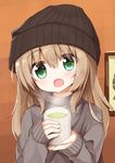  2hands1cup :d bangs beanie black_hat blush cup eyebrows_visible_through_hair fingernails green_eyes green_tea grey_sweater hair_between_eyes hat head_tilt holding holding_cup indoors light_brown_hair long_hair long_sleeves looking_at_viewer open_mouth original picture_frame sleeves_past_wrists smile solo steam sweater tea yuuhagi_(amaretto-no-natsu) 